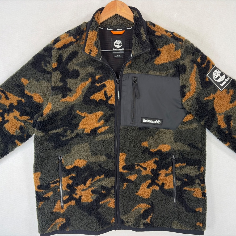 Timberland Mens Camo Sherpa Fleece Full Zip Jacket XL Green Brown TB0A2AW9